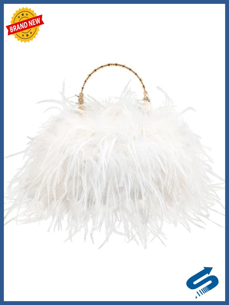 Natural Feather Evening Clutch With Golden Handle Vintage Fluffy Handbag